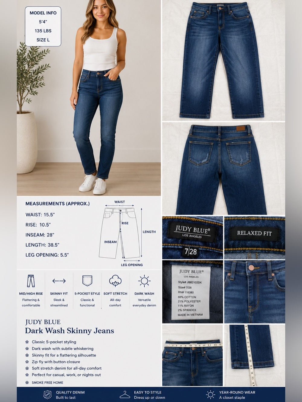 Judy Blue Dark Wash Skinny Jeans – Size 7/28 Relaxed Fit Stretch Denim